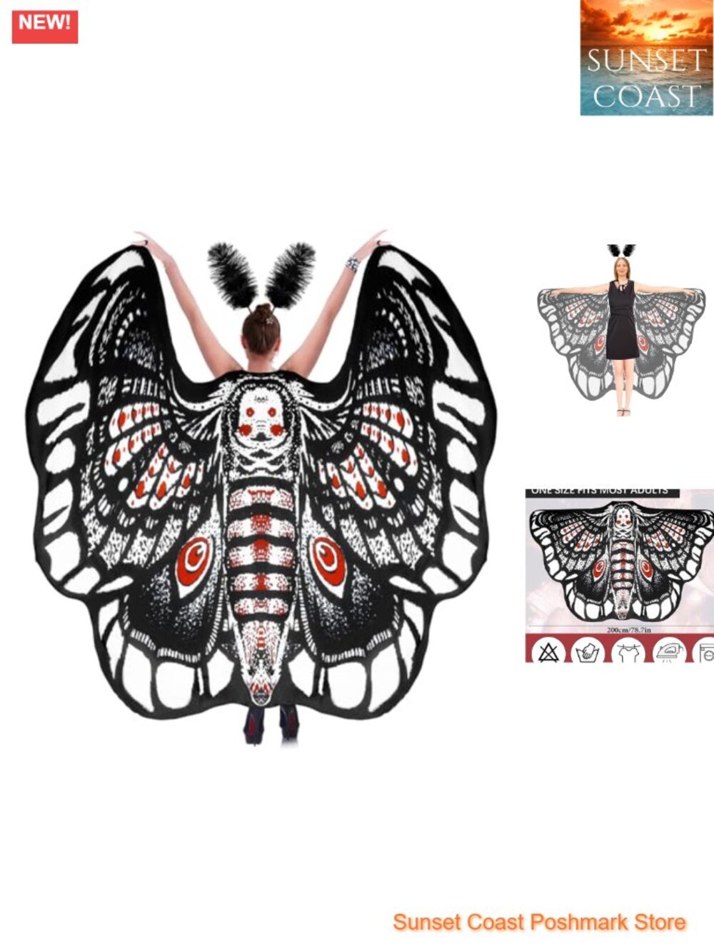 Moth Wings Costume Women Chiffon Butterfly Cape Feather Headband Halloween